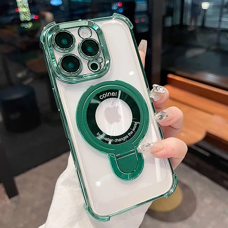 适用苹果16pro手机壳透明磁吸支架带镜头膜防摔男女款电镀ins高档