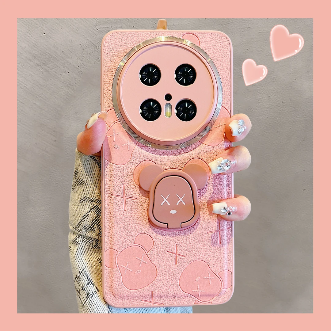 粉色适用华为mate70pro+新款手机壳潮牌暴力熊指环扣支架皮质女款