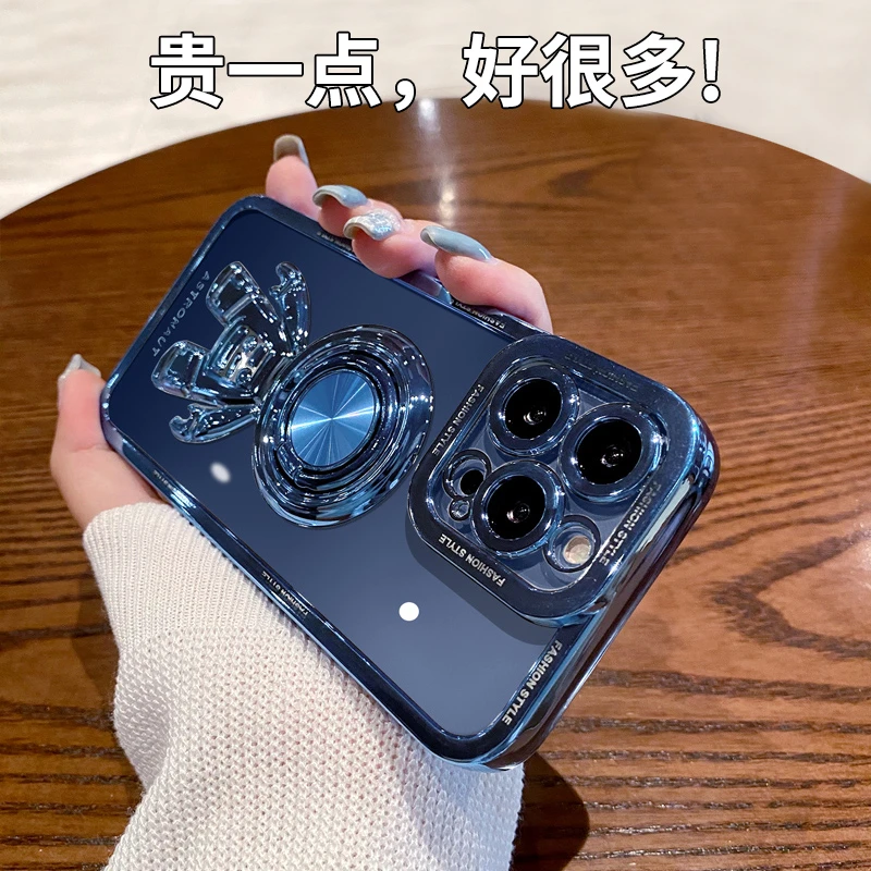 适用苹果透明宇航员手机壳硅胶全包防摔男生电镀车载磁吸指环支架
