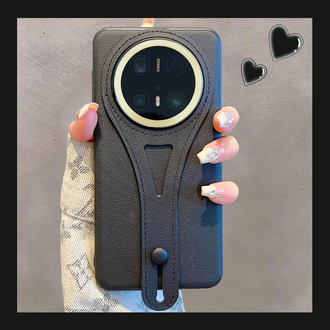黑色适用华为mate70pro+手机壳高级皮质腕带支架气质女款网红新款