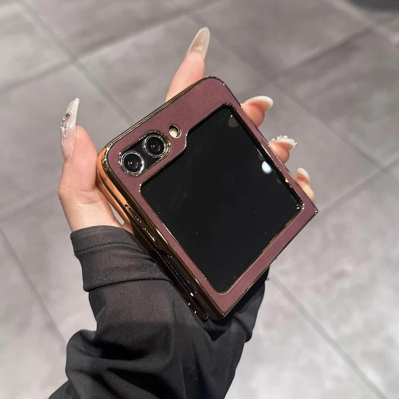 复古酒红色电镀金边羊巴皮适用三星zflip6手机壳折叠屏网红男女款