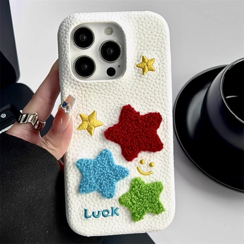 皮质绒布刺绣星星适用iphone16pro苹果15手机壳网红女款个性ins风