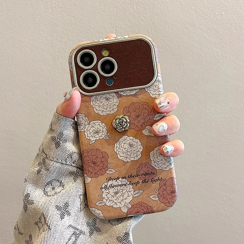 适用苹果16pro手机壳棕色美拉德皮纹大视窗网红女款创意ins高级感