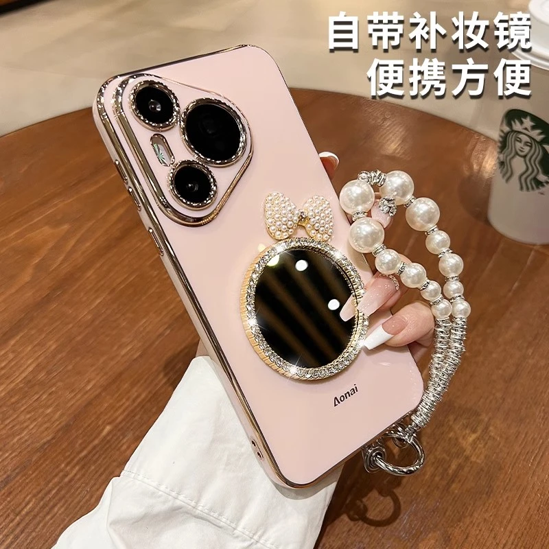 适用华为pura80pro+手机壳水钻蝴蝶结镜子粉色全包防摔高级感女款