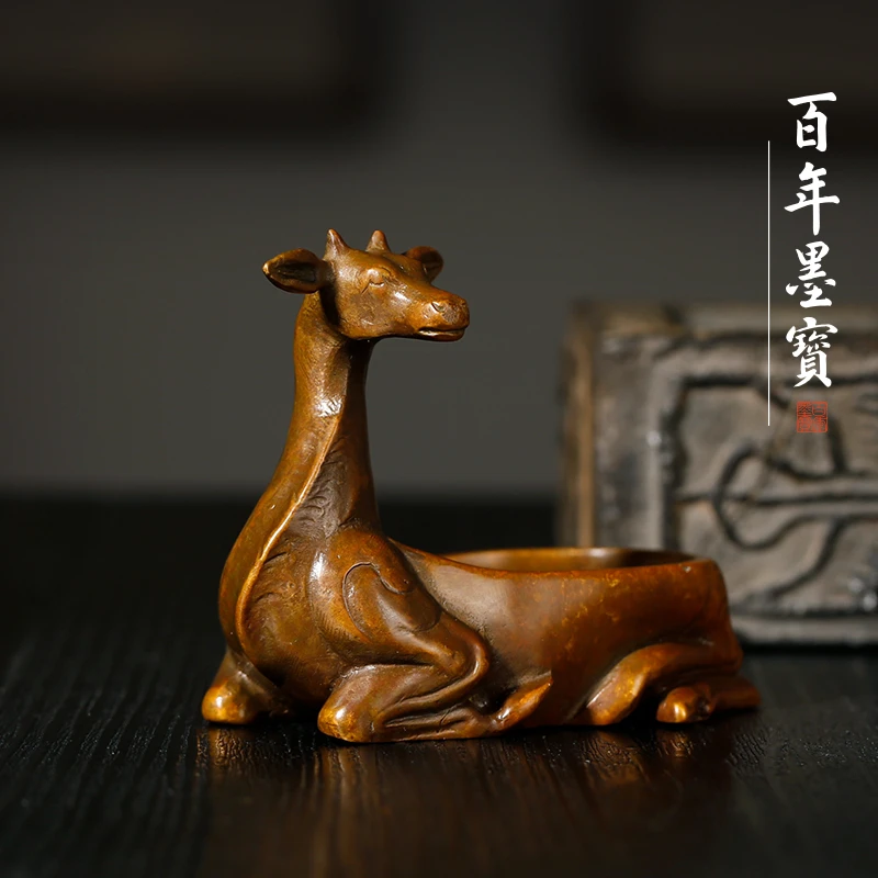 青铜器卧鹿寻踪镇 创意文房四宝书法镇纸镇尺笔舔墨池多功能摆件