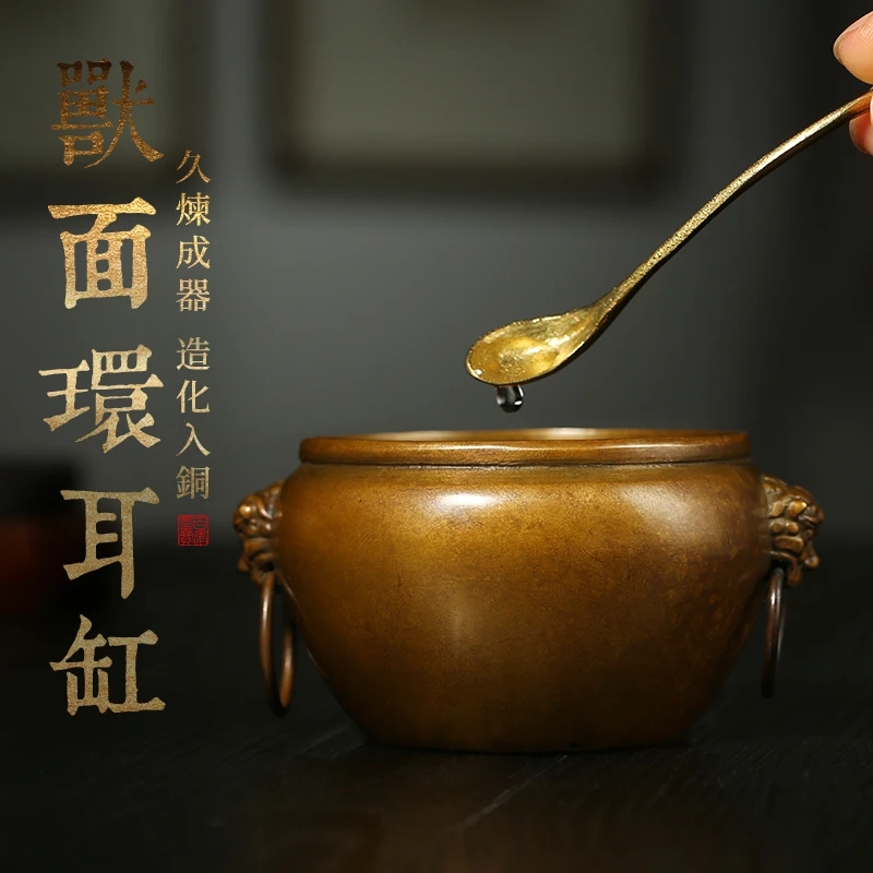 青铜器兽面环耳缸 高端水盂水丞毛笔文房四宝书法用品