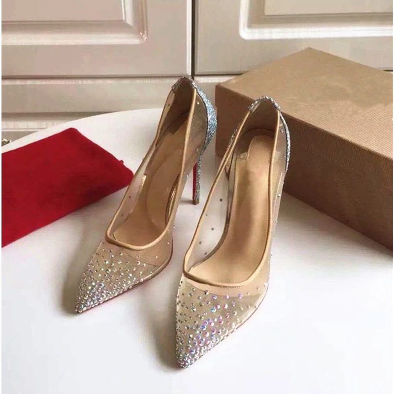 网纱水钻红底裸色高跟鞋女细跟2025年新款尖头蕾丝仙女风水晶单鞋