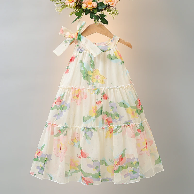 女童连衣裙夏季新款小女孩清新碎花雪纺沙滩裙女宝夏装吊带裙