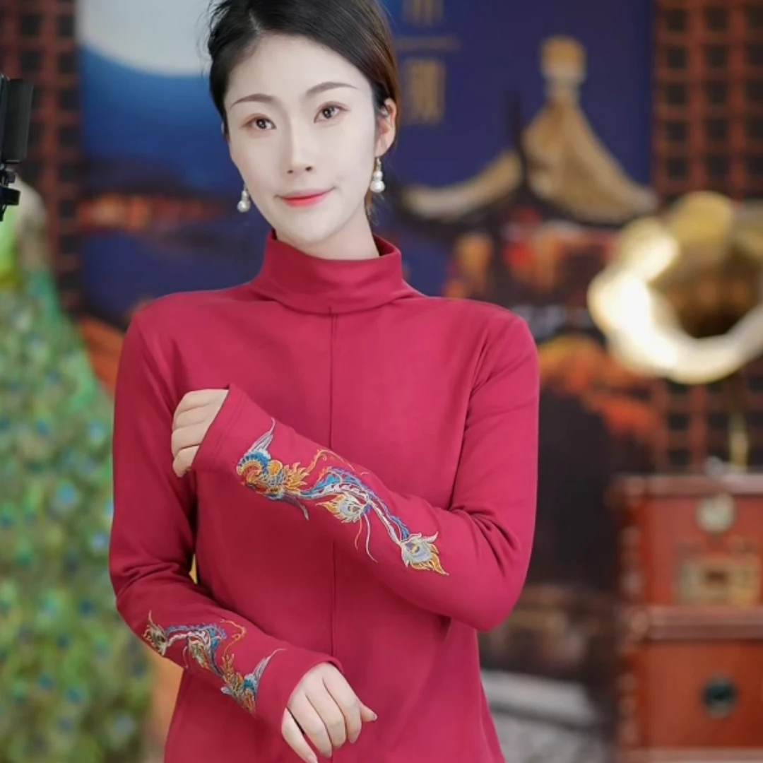 素娘国风原创女装刺绣半高领长袖打底衫冬季1高档大气端庄S19071D