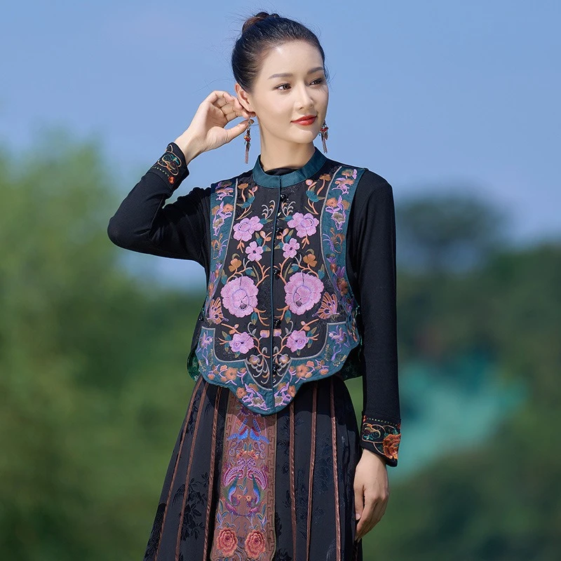 素娘中式春秋刺绣女上衣马甲立领复古民族风S19136W春秋文艺提花