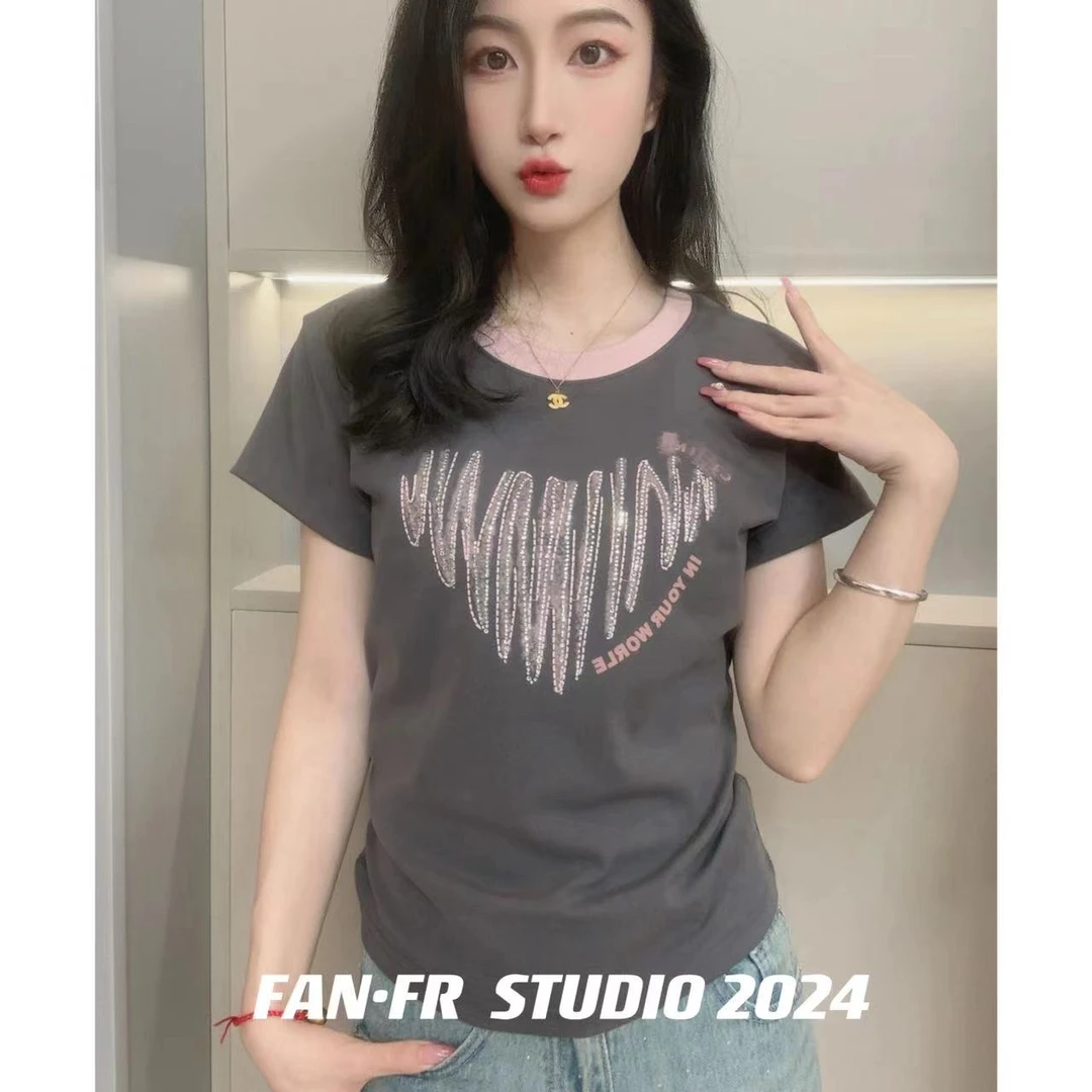 FAN·FR 新款重工爱心图案短袖T恤女时尚圆领百搭上衣休闲