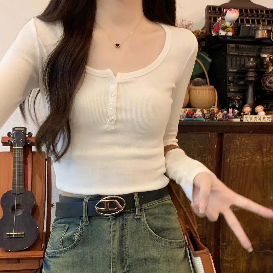紧身短款螺纹温柔风正肩U领长袖t恤女秋新款小个子显瘦打底衫上衣