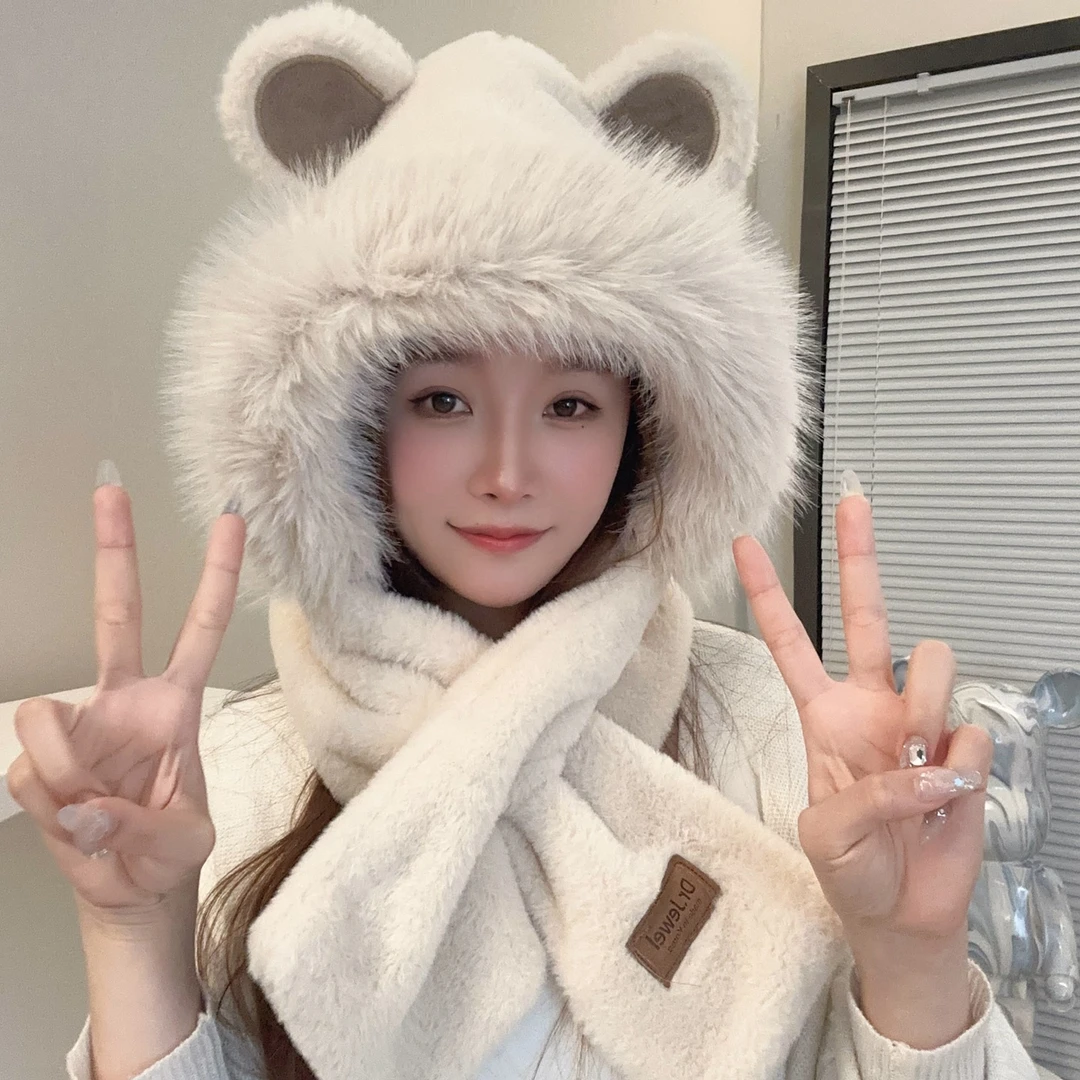 可爱小熊亲子版帽子围巾一体冬季毛绒骑行保暖防寒护耳包头帽子女