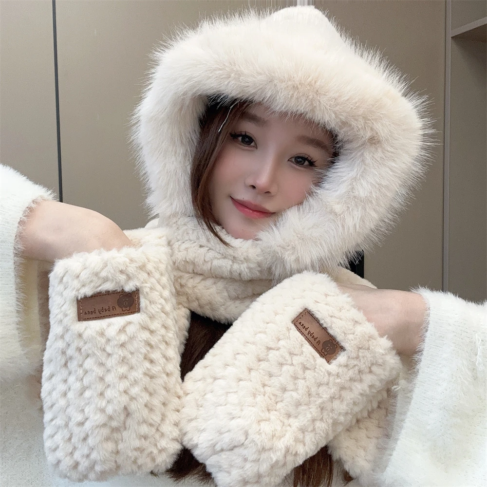 可爱毛绒帽子围巾手套一体女秋冬季骑行防风保暖护耳防寒保暖围脖