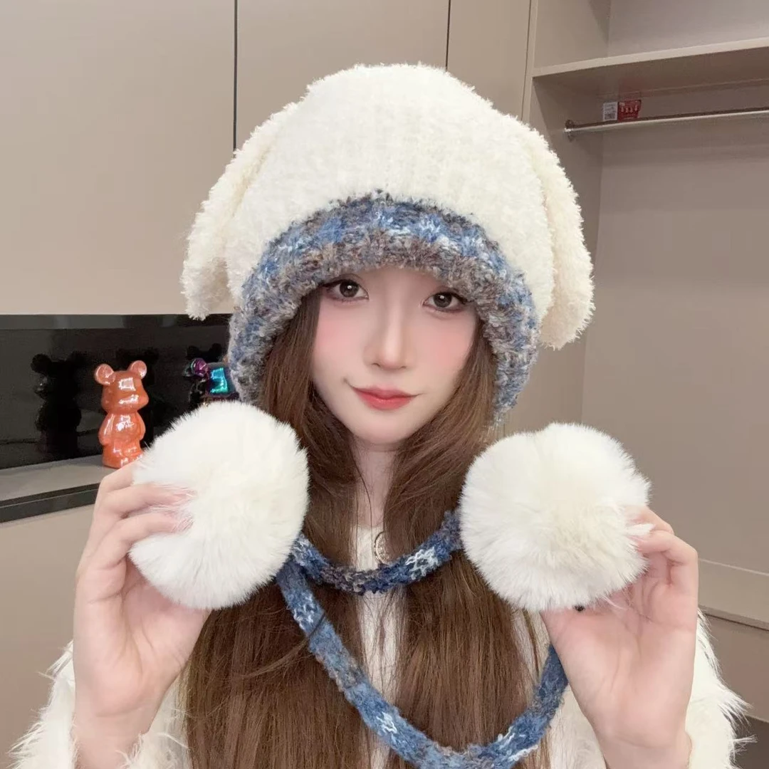 毛绒可爱兔子耳朵帽子女日系显脸小护耳套头帽冬季防寒保暖针织帽