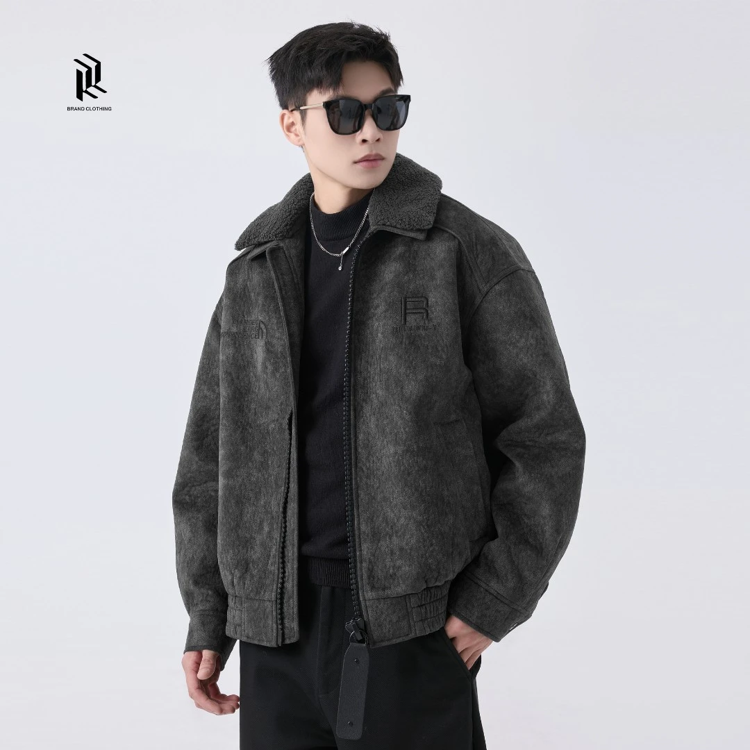 【RHETT KELLEY】非黑即白冬季荔枝纹肌理感翻领加绒夹克外套男q108