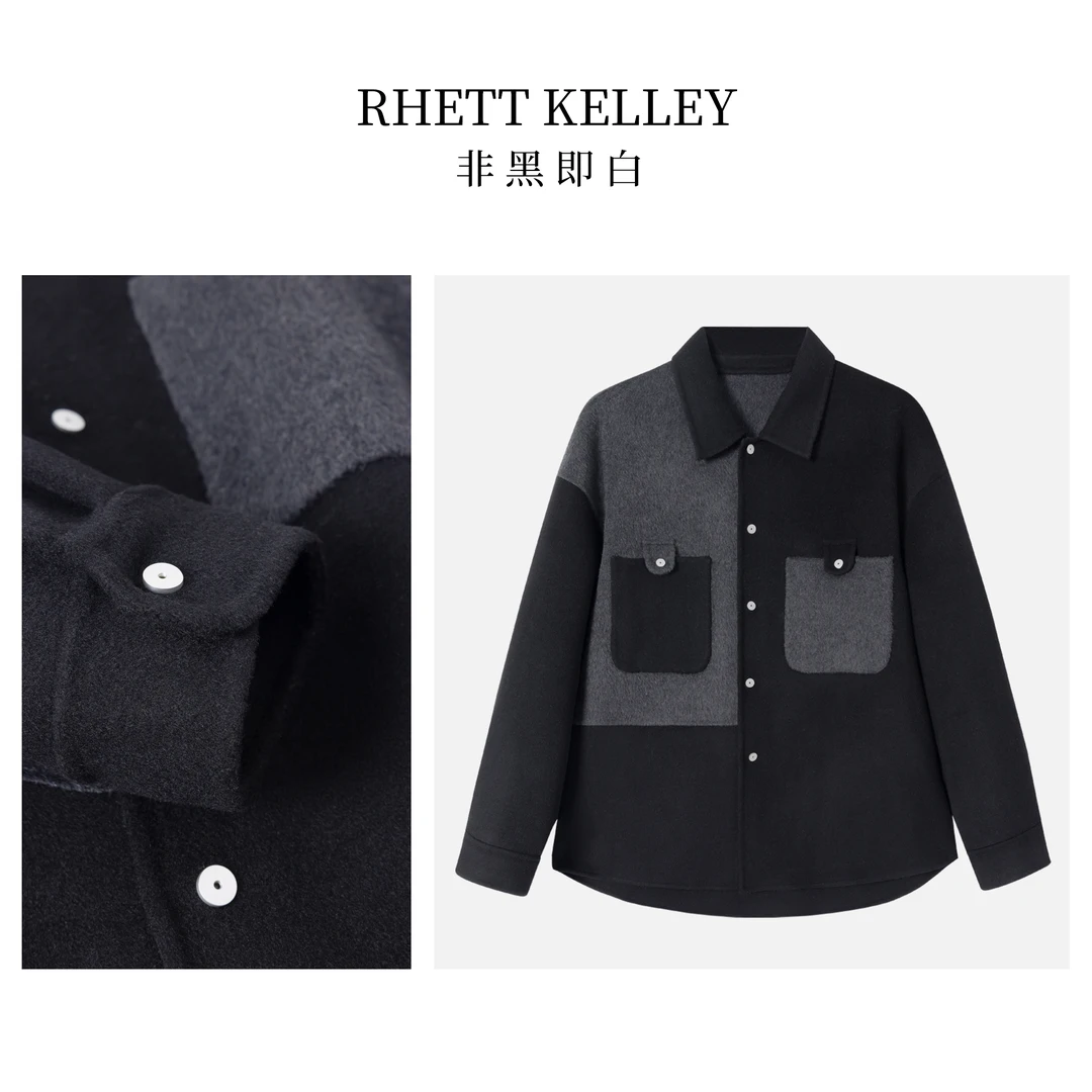 【反季淸仓】非黑即白冬季羊绒双面呢拼接灰黑视觉男外套q105