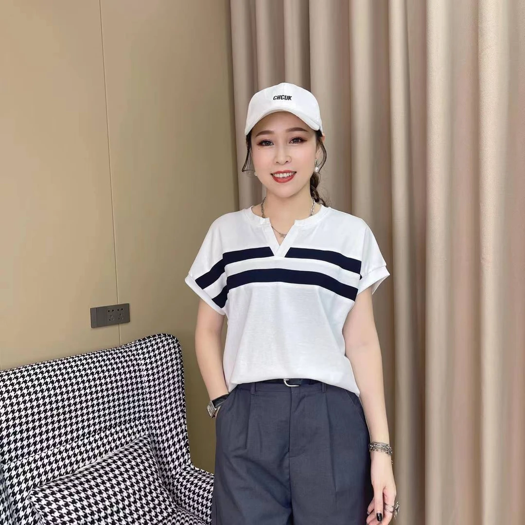 【莉莉】2305夏季新款V领显瘦百搭简约条纹时尚T恤
