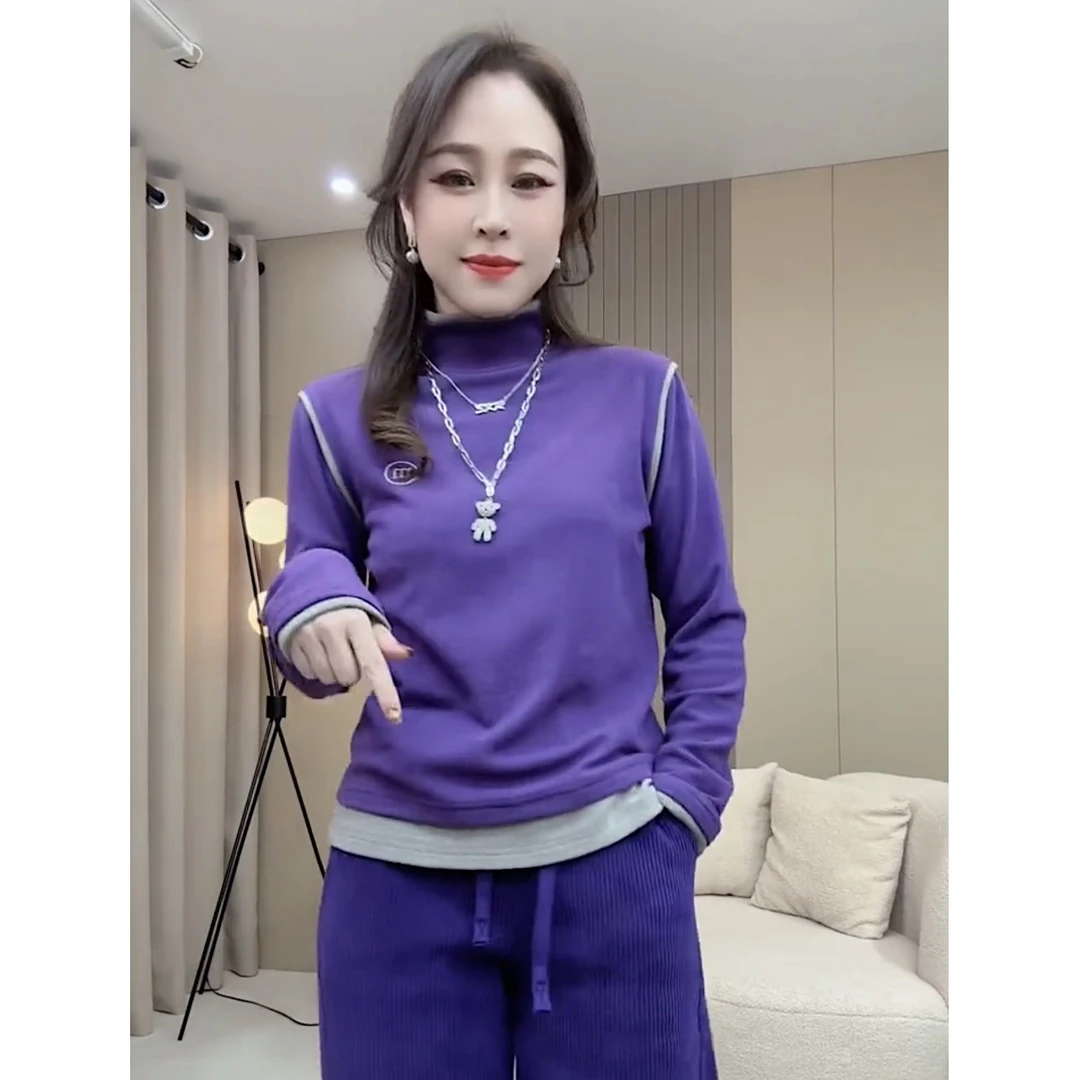 【莉莉】233冬季澳绒显瘦简约百搭时尚中高领加绒保暖打底上衣女