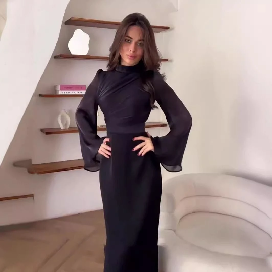 欧美跨境半高领宴会礼服2025年新款喇叭袖茶歇法式收腰包臀连衣裙