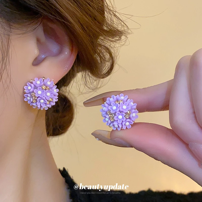 合金亚克力耳饰 紫色镶钻花朵耳环时尚甜美少女心森系小清新耳饰