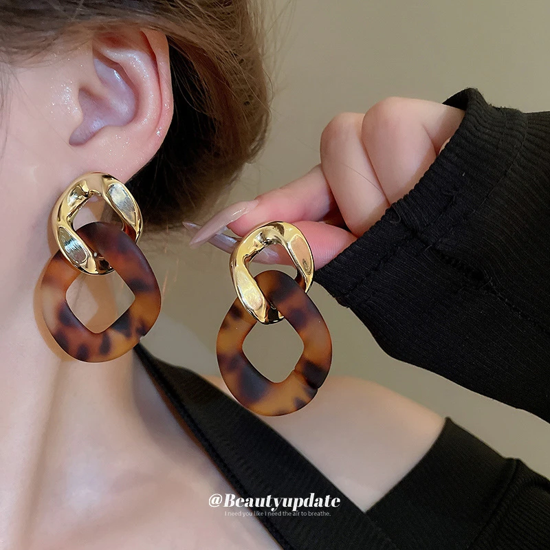 合金亚克力耳饰 美拉德晕染豹纹链条耳环气质夸张设计感百搭耳饰