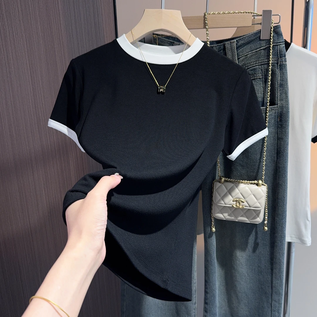 螺纹正肩T恤短袖女款夏天流行漂亮休闲百搭显瘦修身撞色圆领上衣