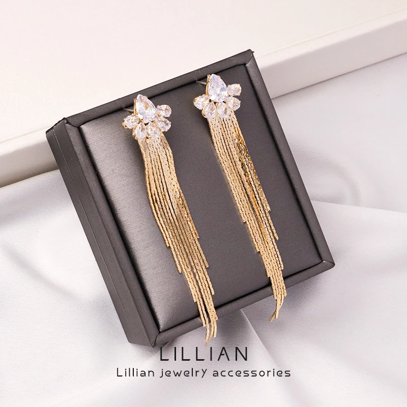 铜合金合成锆石耳饰 气质轻奢素款法式小众简约百搭流苏【玉兰】F75