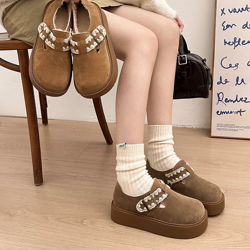 刺绣侧边扣4cm大头面包勃肯女鞋2024秋冬百搭厚底复古日系玛丽珍