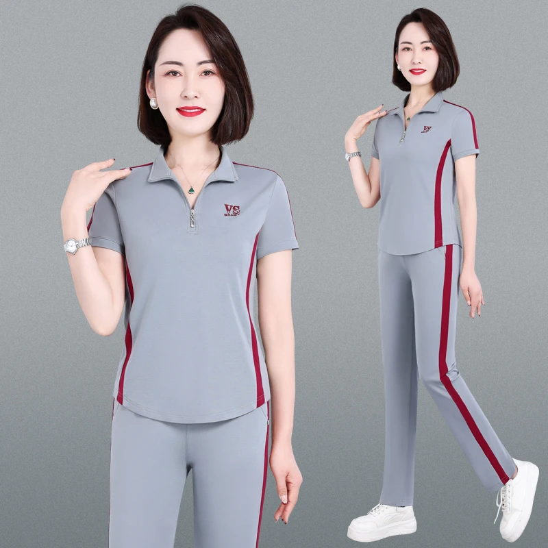 恩狐夏季新款中老年女时尚休闲运动套装中年显瘦妈妈减龄两件套装