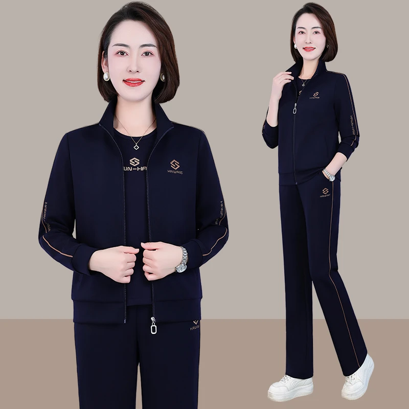 恩狐中老年女秋季休闲运动套装中年妈妈春秋时尚减龄显瘦三件套装