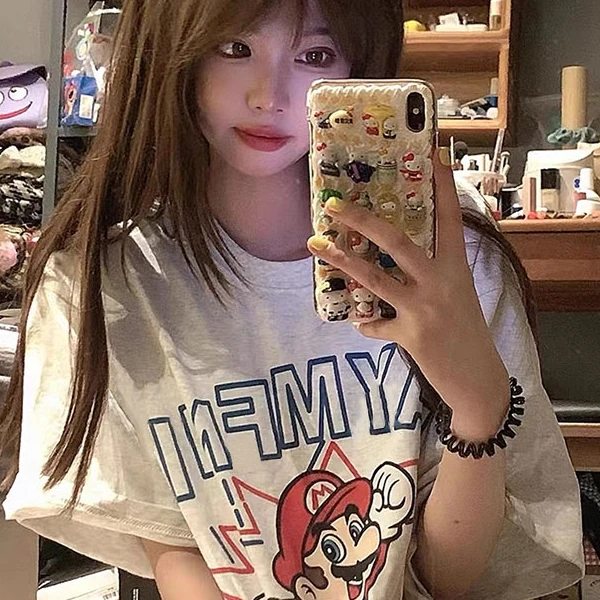 重磅100%纯棉美式复古ins夏季hiphop卡通马里奥大码短袖T恤女上衣