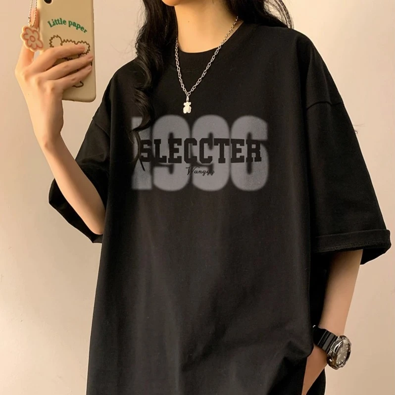 100%重磅纯棉百搭大码2-300斤宽松字母印花上衣学生休闲半袖t恤女