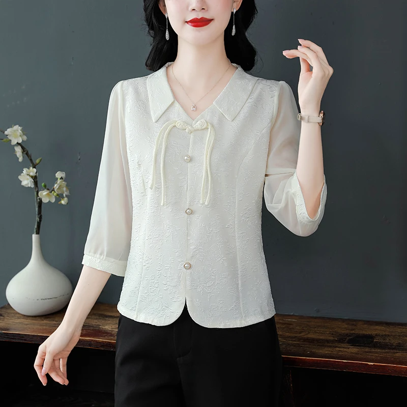 新中式提花衬衣女七分袖新款别致时尚洋气盘扣小衫遮肚显瘦上衣
