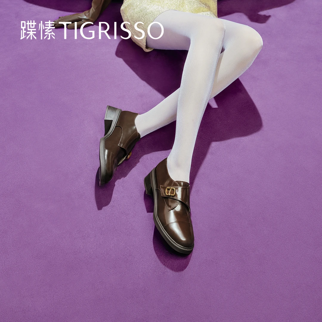 蹀愫春季新款英伦风孟克鞋百搭圆头厚底粗跟乐福鞋TA54528-12