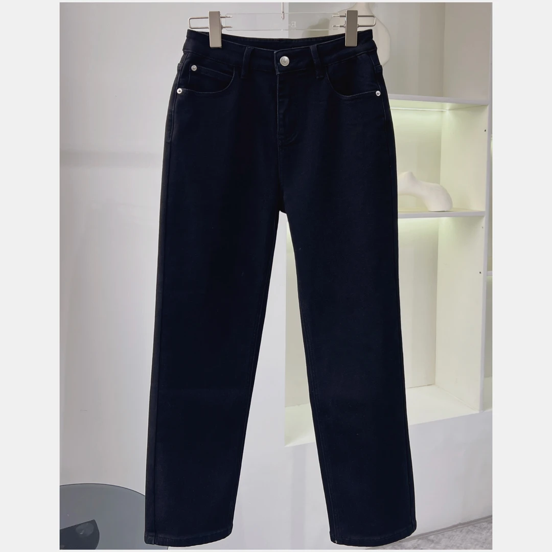 米娜—埃格林新冬加绒显瘦高腰法棍裤牛仔裤黑色休闲时尚（会掉色）