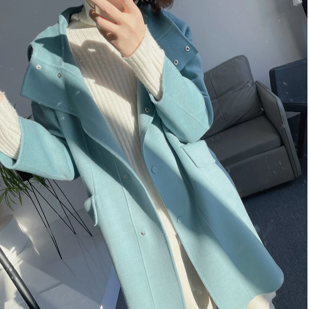 米娜—新轻奢水波纹中长款休闲帽子款女士双面手工大衣外套双面呢