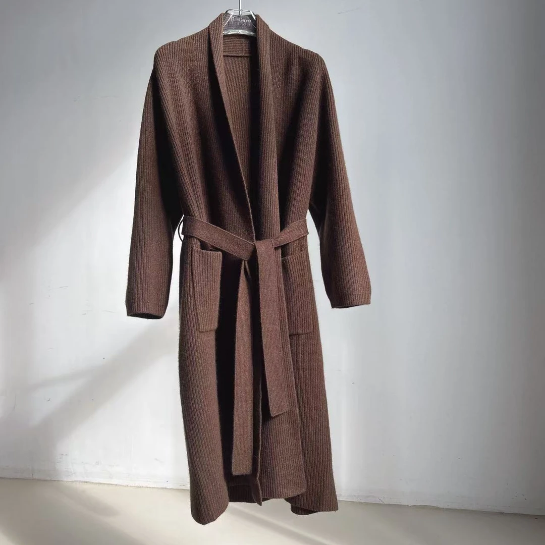 米娜—埃格林高定牦牛绒春新款中长款时尚慵懒系带针织开衫女