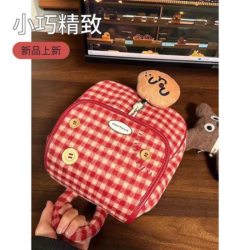 双肩包秋冬红格子小背包女2023新款包包迷你旅行轻便随身通勤书包