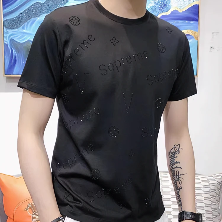 夏季网红冰丝短袖t恤男潮烫钻圆领潮流男士休闲丝光棉百搭体恤衫