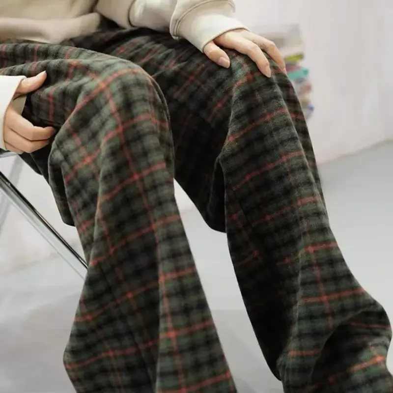 170高个子毛呢加长直筒西装裤复古绿格加厚休闲裤女秋冬2021新款