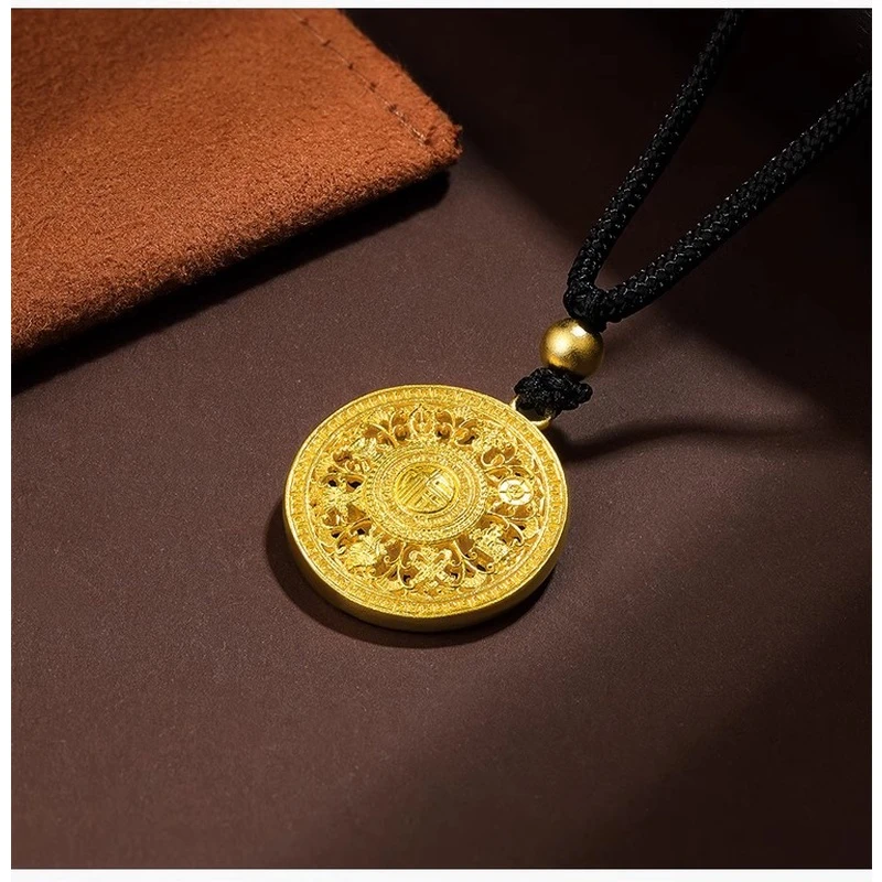 明牌珠宝足金999古法黄金八宝罗盘编绳吊坠 时来运转镂空圆牌传承