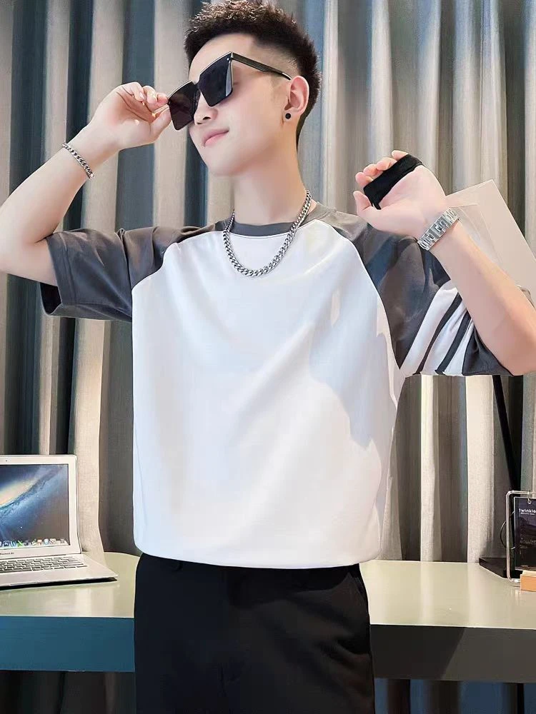 拼接撞色短袖T恤男ins潮牌痞帅半袖体恤衫2024新款男装夏季半截袖