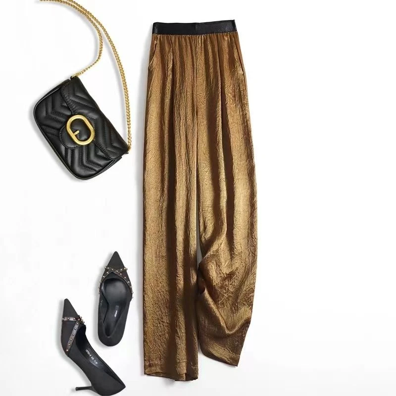 简约肌理褶皱醋酸阔腿裤女夏季薄款垂感宽松直筒松紧腰休闲拖地裤