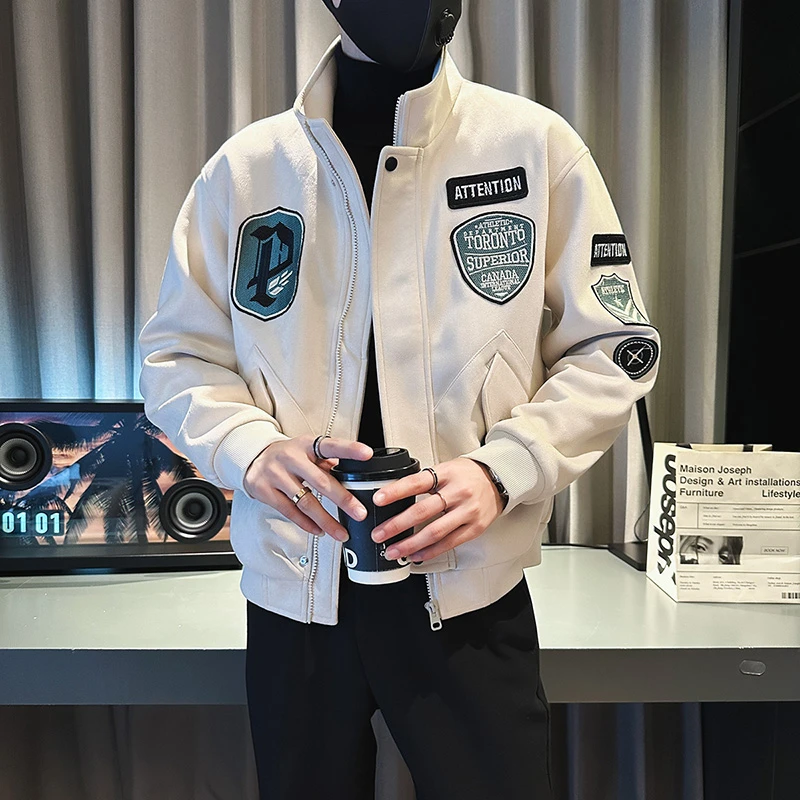 高级感麂皮绒外套男秋冬季2023新款贴标立领痞帅潮男飞行夹克上衣