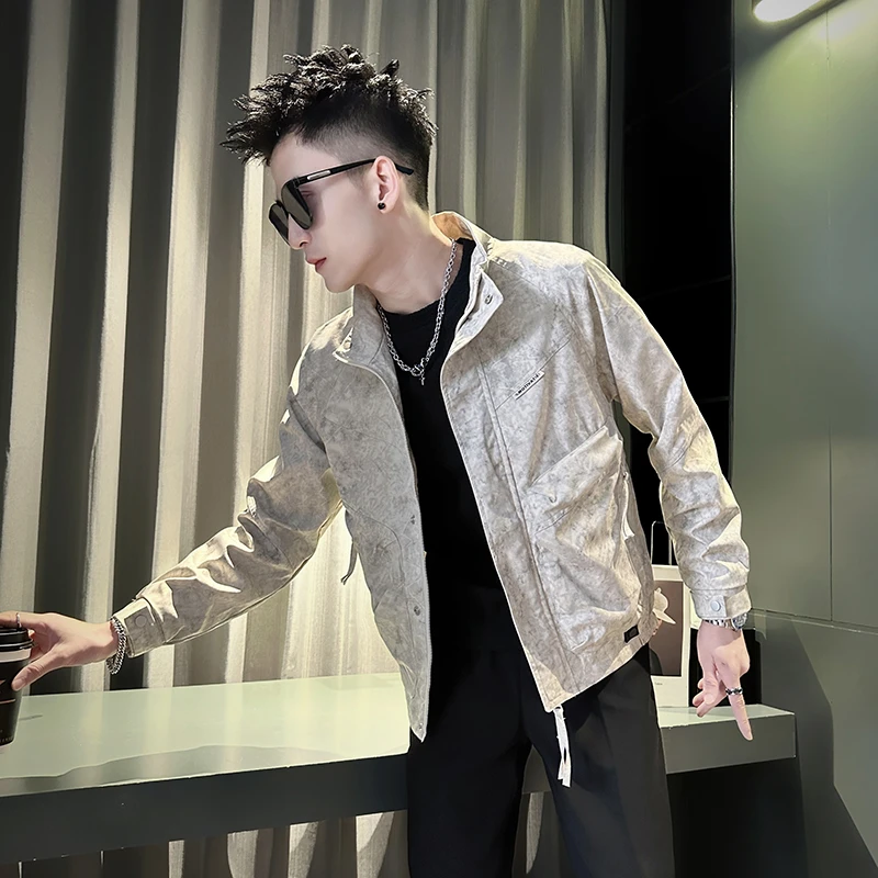 高级感扎染立领外套男士春秋季潮牌痞帅脏脏夹克2024新款修身褂子