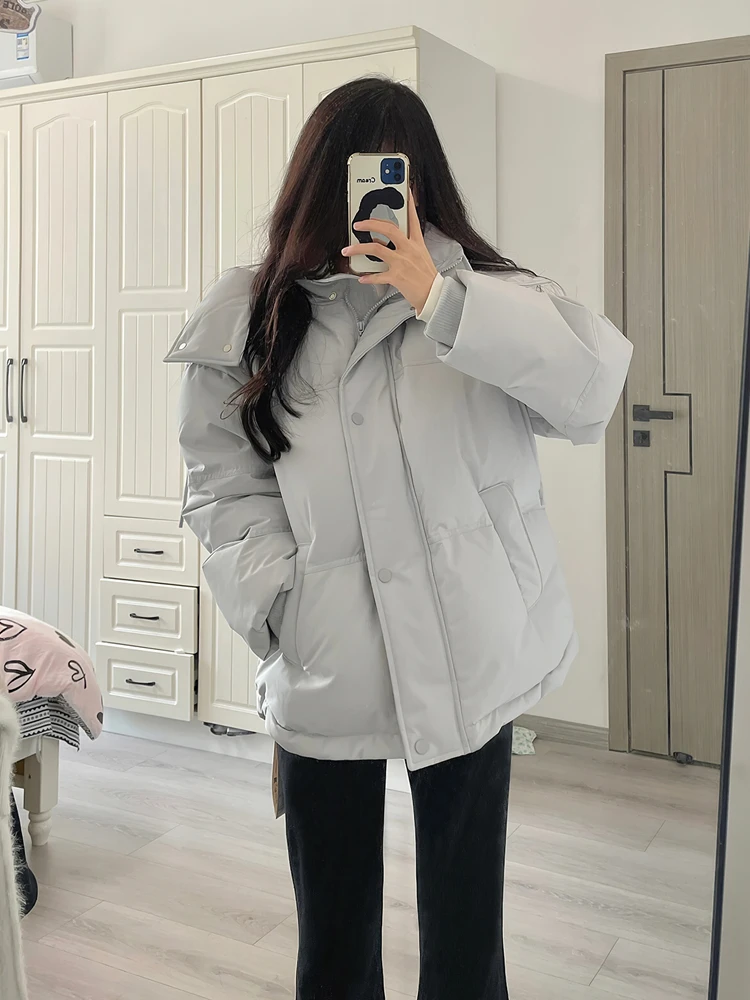 奶蓝色冬季加厚羽绒棉服女外套韩系简约连帽面包服小个子宽松棉衣