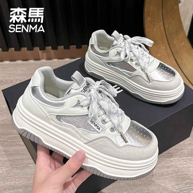 SENMA/森马厚底小白鞋女2025春季新款皮面运动鞋增高休闲板鞋子潮