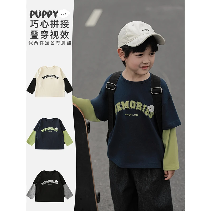 幼悠男童假两件撞色拼接叠穿长袖T恤秋季小熊绣标字母上衣潮N3637