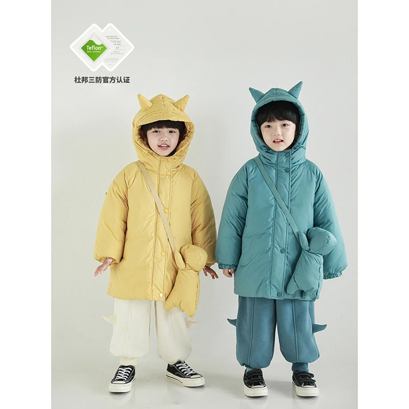 幼悠儿童冬季保暖男童韩版纯色杜邦三防款加厚长款连帽棉服 80005
